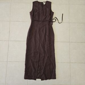 Ann Taylor 2 Maxi Dress Linen Brown Vneck Sleeveless Belt Business Casual Fitted
